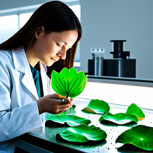 Home 4 A professional female scientist, fully clothed in a clean lab coat and modest professional dress, is meticulously examining a large, vibrant green lotus leaf under a bright, focused light in a state-of-the-art biomimicry research laboratory. In the background, a clear demonstration shows perfectly formed water droplets rolling off a treated surface, illustrating the self-cleaning 'lotus effect' on a newly developed material. The environment is pristine, well-lit, and futuristic, emphasizing innovation and scientific discovery. Perfect anatomy, correct proportions, natural pose, well-formed hands, proper finger count. Professional photography, high detail, studio lighting, ultra-realistic, safe for work, appropriate content, fully clothed, family-friendly.