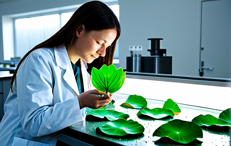 A professional female scientist, fully clothed in a clean lab coat and modest professional dress, is meticulously examining a large, vibrant green lotus leaf under a bright, focused light in a state-of-the-art biomimicry research laboratory. In the background, a clear demonstration shows perfectly formed water droplets rolling off a treated surface, illustrating the self-cleaning 'lotus effect' on a newly developed material. The environment is pristine, well-lit, and futuristic, emphasizing innovation and scientific discovery. Perfect anatomy, correct proportions, natural pose, well-formed hands, proper finger count. Professional photography, high detail, studio lighting, ultra-realistic, safe for work, appropriate content, fully clothed, family-friendly.